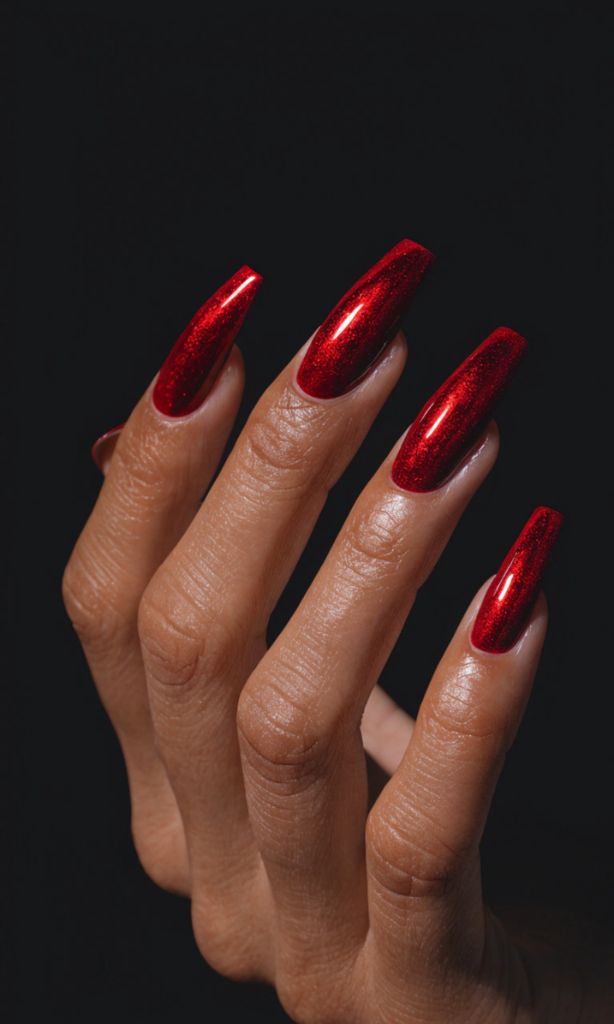 It is image on Metallic Shimmer Coffin Red Nails Designs.