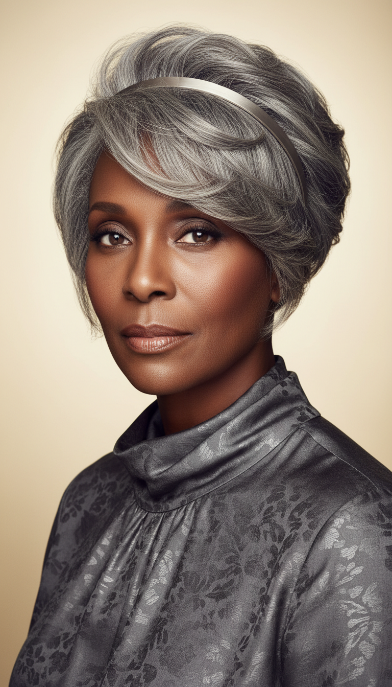 Textured silver updo with sleek headband and soft side fringe