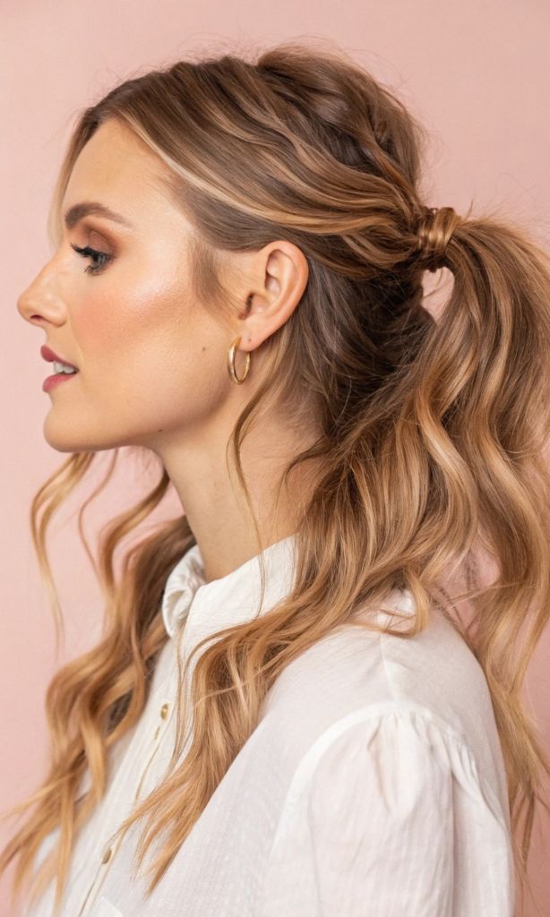 It is image on Low Side Swept Wavy Blonde Balayage Casual.