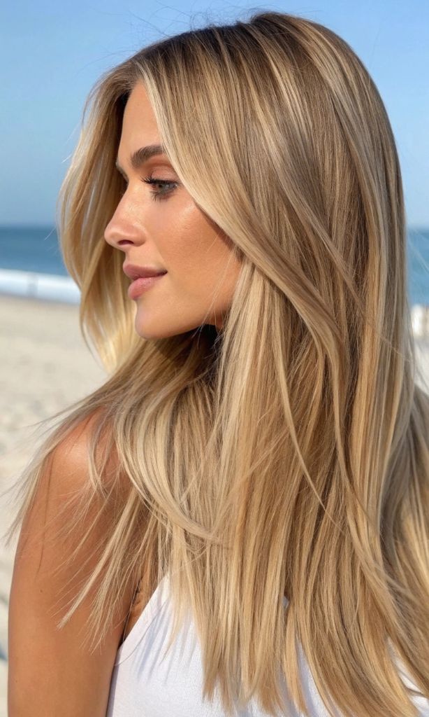 It is image on Buttery Blonde Balayage Long Straight Hair.