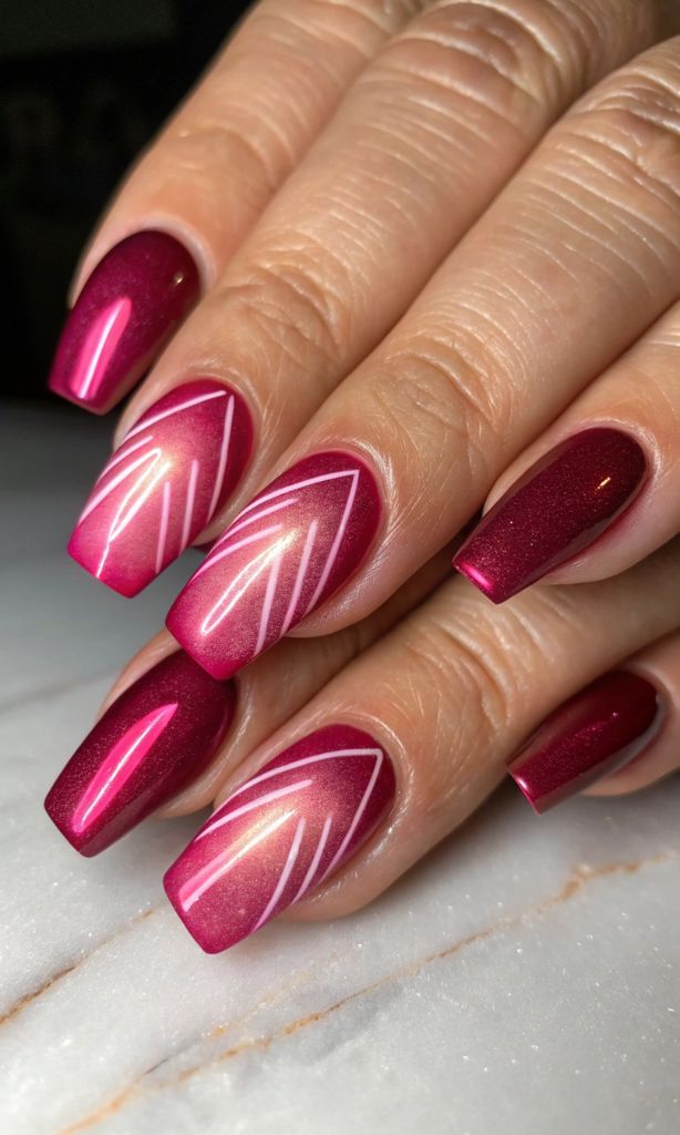 It is image on Berry Pink Metallic Geometric Line Art Nails.