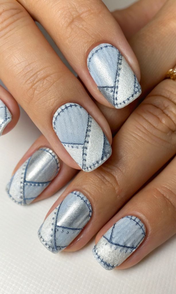 It is image on Silver Blue Denim Patchwork Stitch Square Nails.