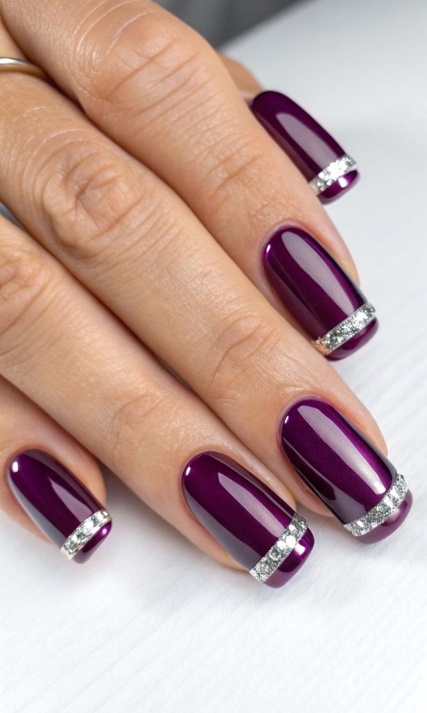 It is image on  Purple Chrome Nails Silver Glitter French Tips.