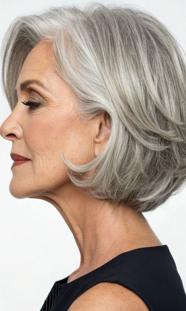 It is image on Flowing Layered Bob Silver Gray Hair.