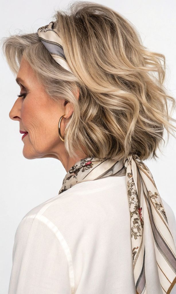 It is image on Silk Scarf Wavy Bob Blonde Hair.