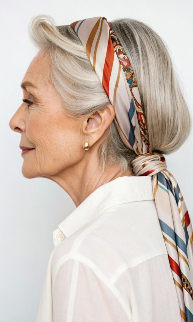 It is image on Scarf Headband Low Bun Silver Hair.