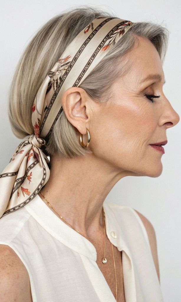It is image on Scarf Head band Short Bob Silver Hair.