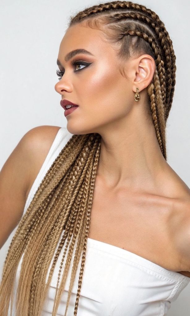 It is image on  Honey Blonde Side Part Knotless Braids Long.