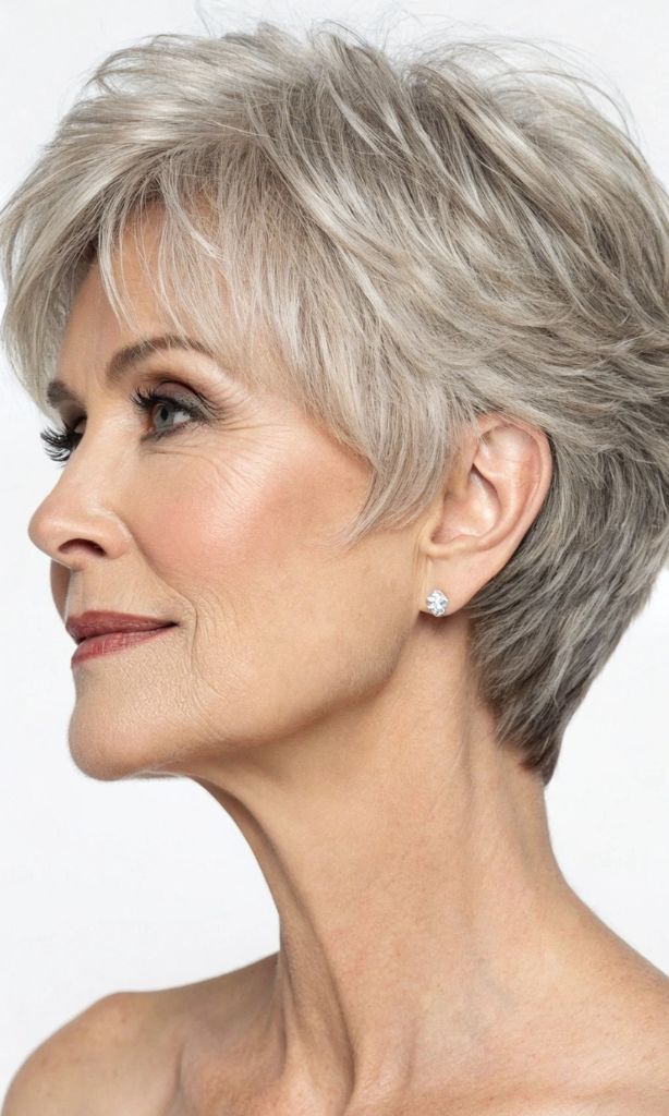 It is image on Feathered Short Silver Bob Women Over 60 .