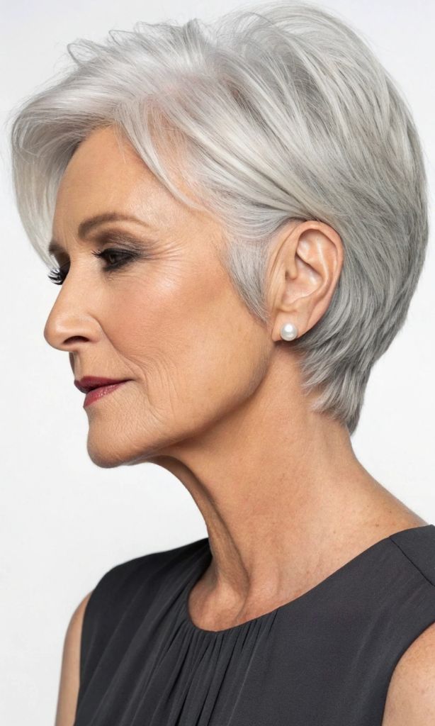 It is image on Sleek Short Silver Pixie Women Over 60 Fine Hair.