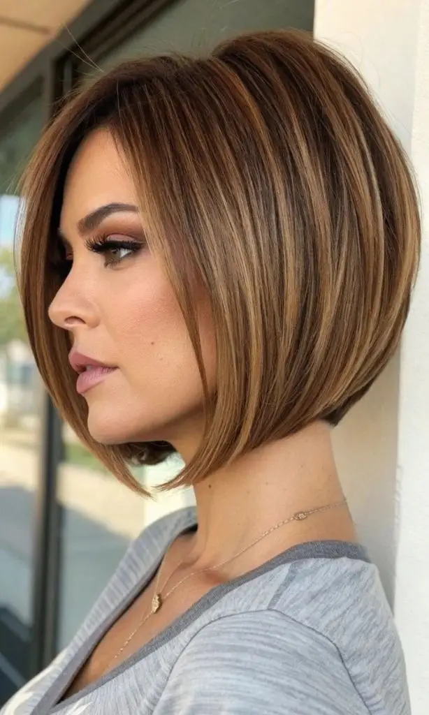 It is image on Caramel Highlighted Angled Bob Haircuts for Round Face.