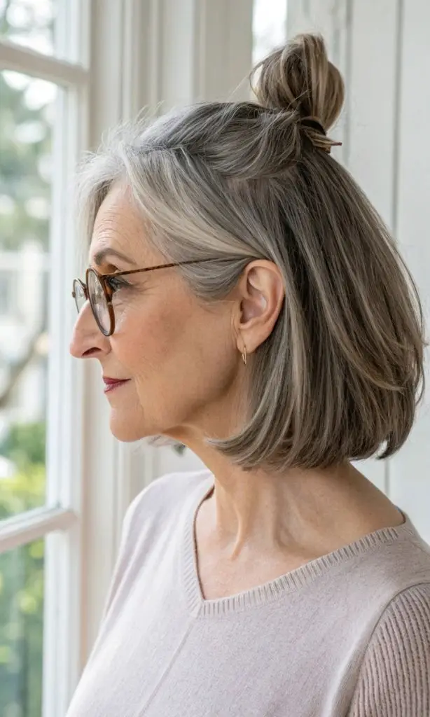 It is image on Classic Chin-Length Angled Bob Haircut with Half-Up Styling.