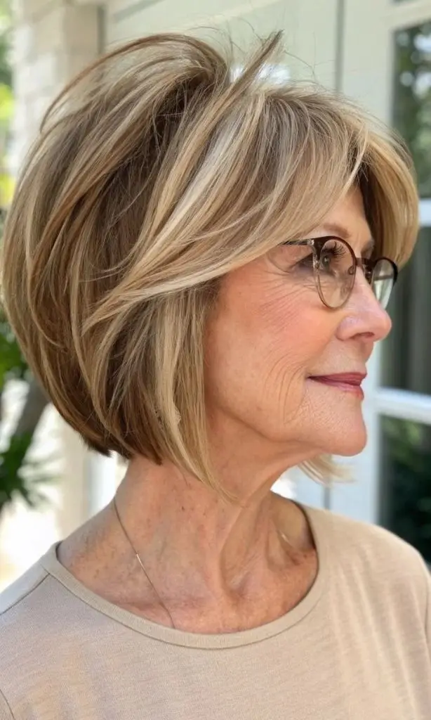 It is image on Textured Angled Bob Haircut with Honey Highlights.