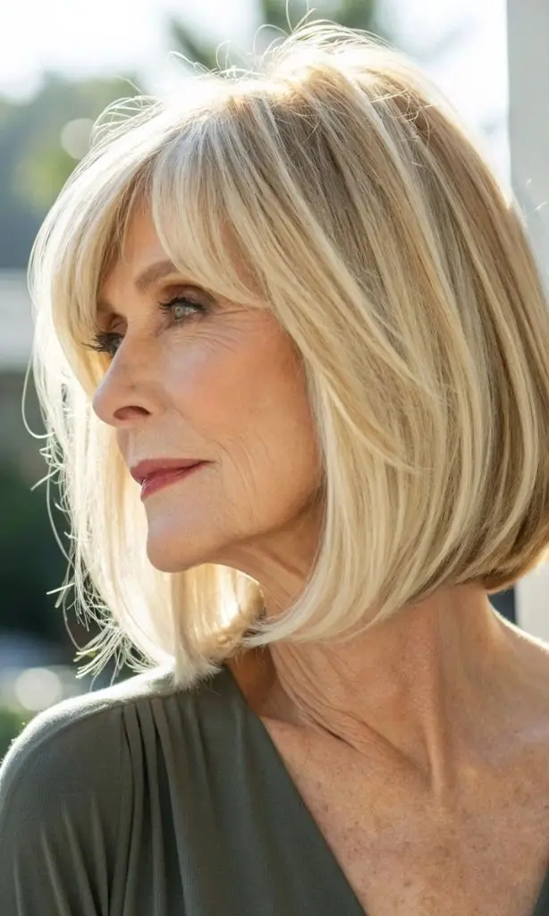 It is image on Soft Blonde Angled Bob Haircut with Subtle Layers.