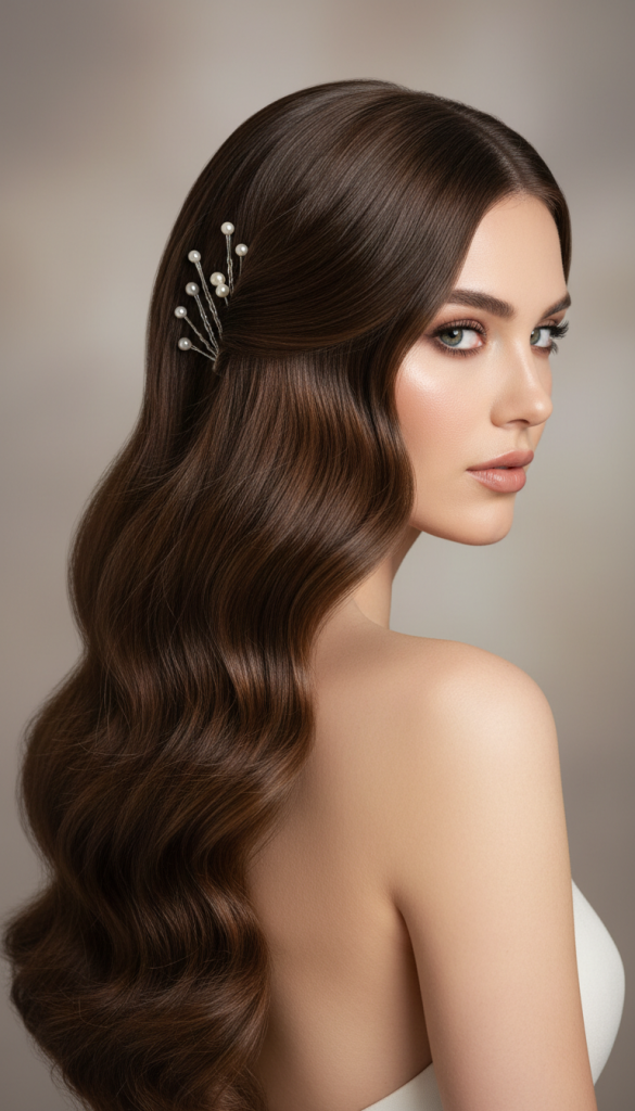 Graceful side-part hairstyle with long waves and pearl accents.