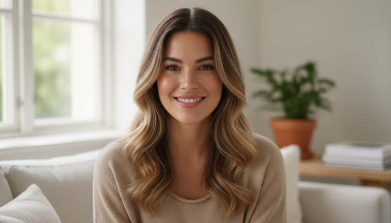 Medium-length wavy golden blonde hair with soft blended highlights and natural darker roots.