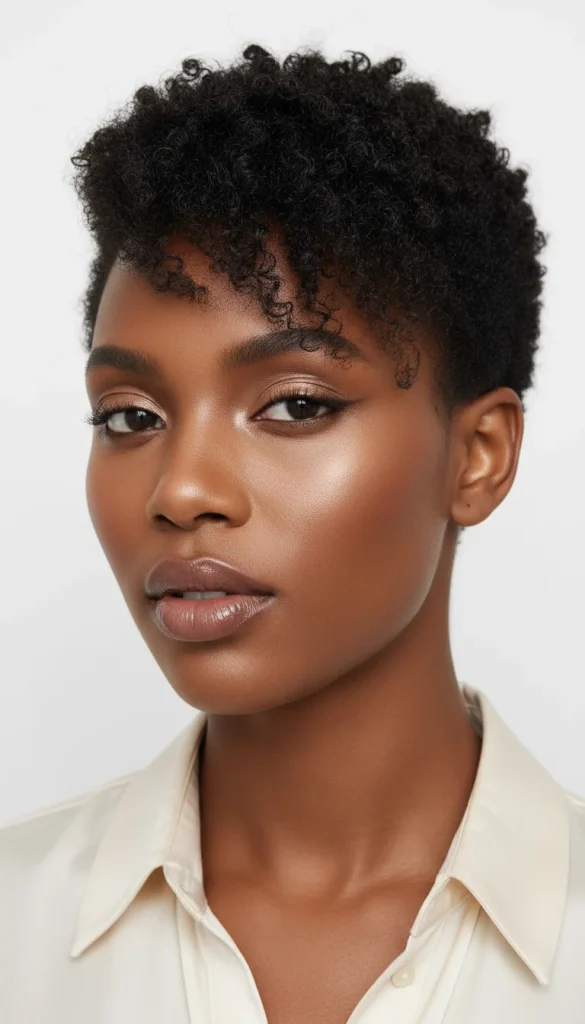 Black woman wearing a short tapered natural haircut with defined curls and soft textured top.