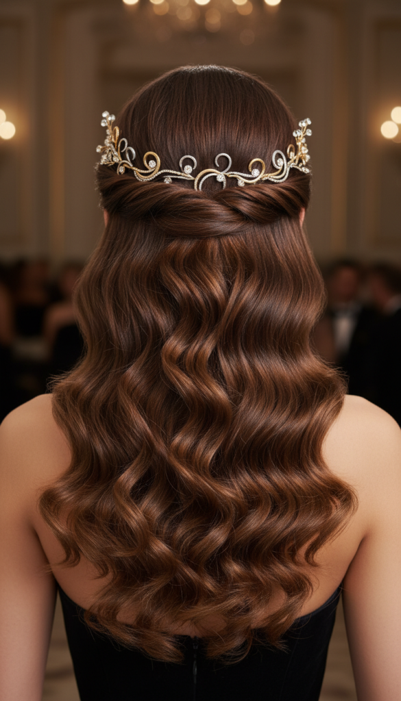 Soft half-up curly hairstyle with loose waves styled neatly for a formal evening event.