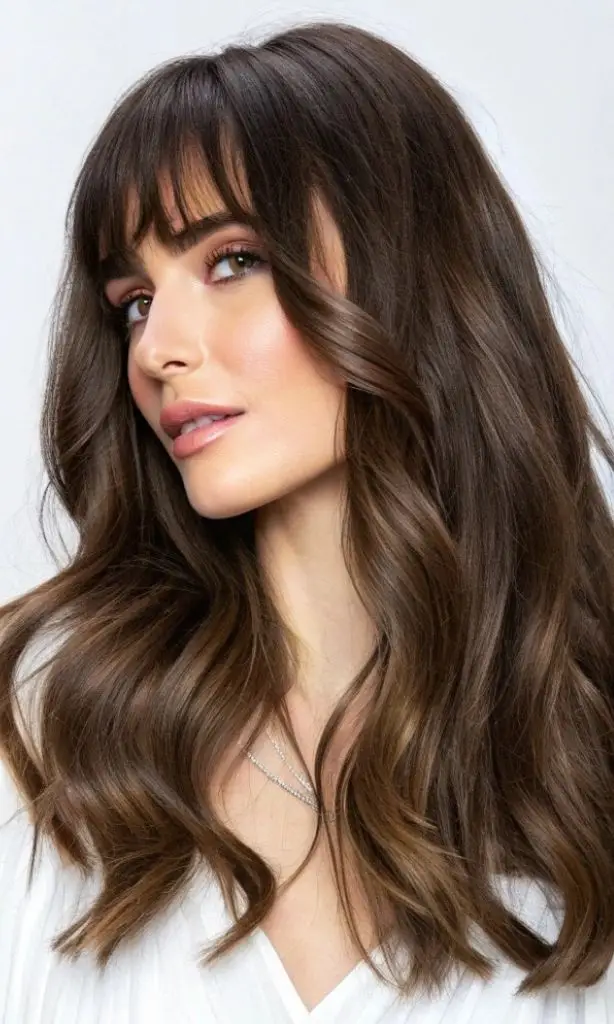 It is image on Soft Wispy Bangs with Long Layered Waves.