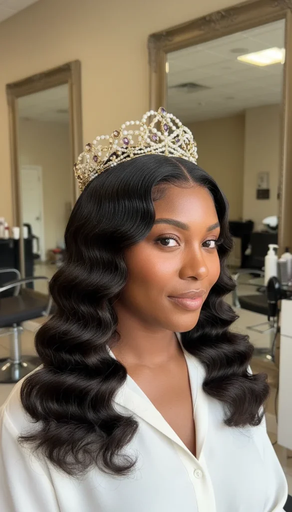Black woman with long glossy Hollywood waves wearing an ornate gold crown in a salon setting.