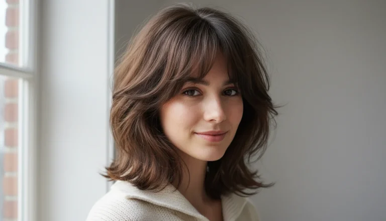 This hairstyle features a softly layered wolf cut with natural movement and subtle crown volume.
