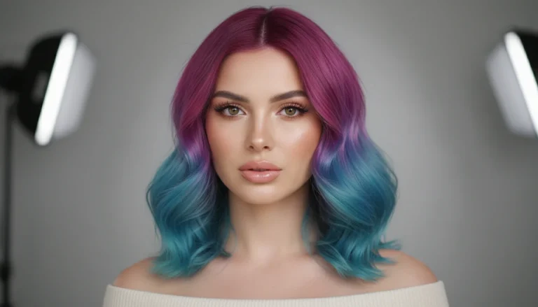 woman with trendy two tone hair modern hairstyle soft waves stylish look.
