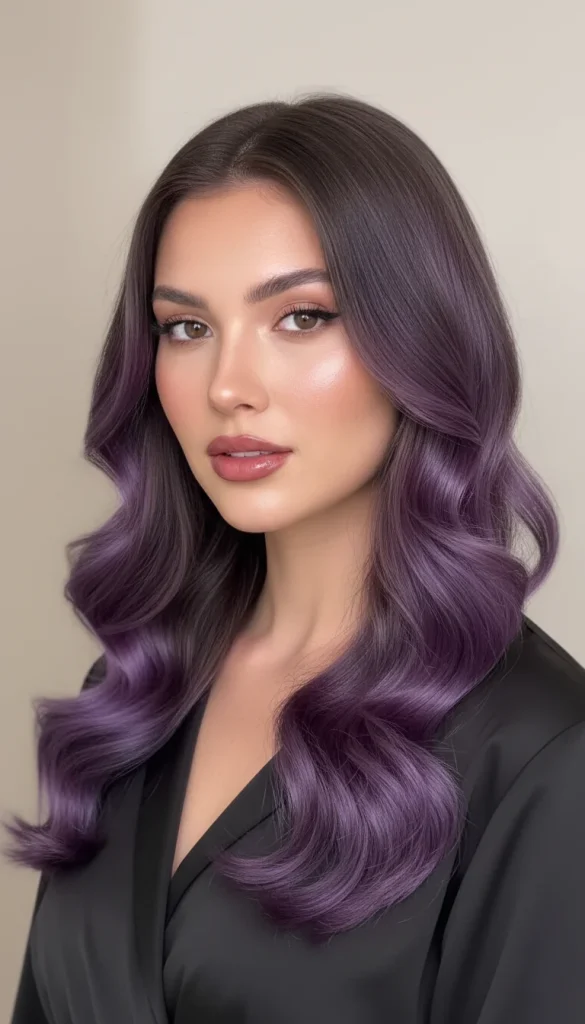 A realistic beauty portrait of a female model with purple balayage on brunette hair, soft curls, blended purple tones through the mid-lengths and ends, glowing skin, natural glam makeup, glossy healthy hair, neutral background, modern salon-style editorial photography.