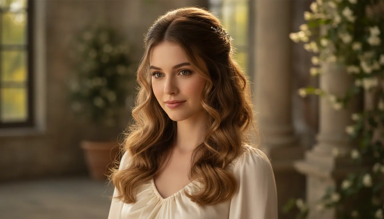 Golden brunette hair in half-up half-down style with soft curls