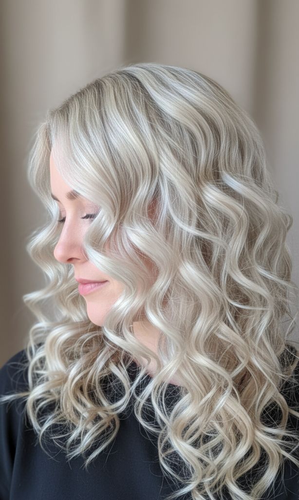 platinum blonde curly highlights soft volume