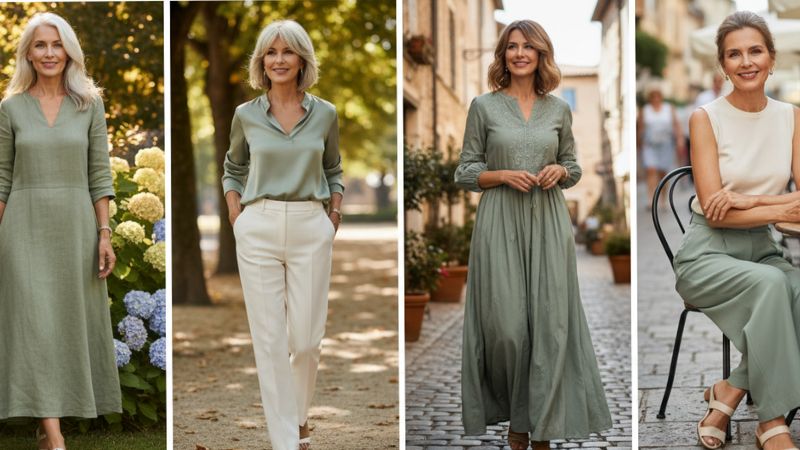 Women over 50 wearing sage green dresses and outfits styled for relaxed and elegant summer fashion.