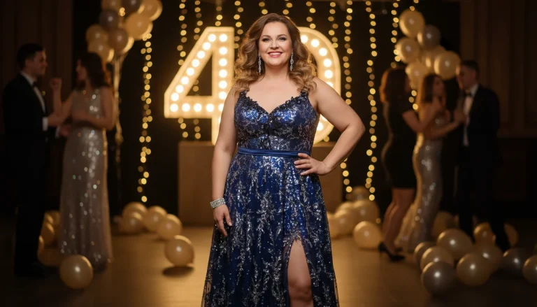 very obese plus size woman over 40 wearing stylish birthday dress at elegant party venue.