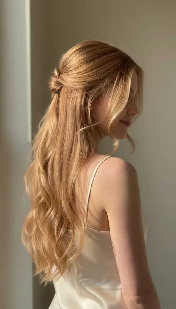 Strawberry blonde hair with soft highlights showing full length and dimension