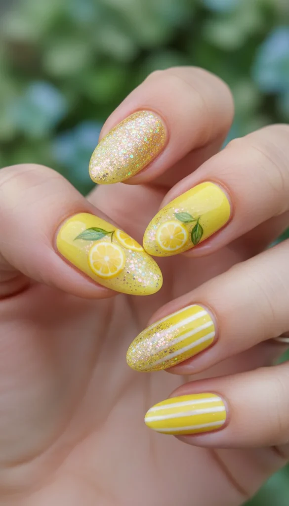 lemon glitter nails yellow sparkle manicure citrus nail design.