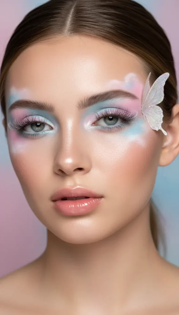 Young female model with cotton candy whimsy eye makeup in pastel tones