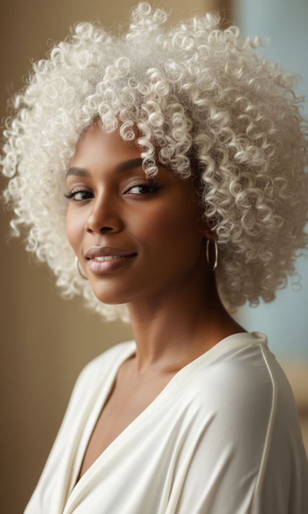 platinum blonde natural curls for Black women voluminous hairstyle