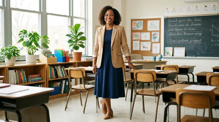 "Confident plus-size woman over 40 wearing a stylish navy teacher dress with a beige blazer in a bright modern classroom."
