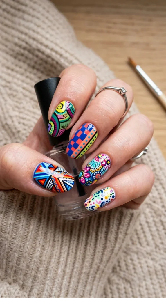 mixed pattern colorful nail ideas bold manicure