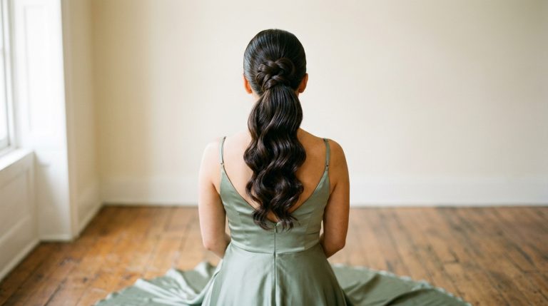 bridesmaid ponytail hairstyles high ponytail architectural double knot base glossy cascading waves sage green silk dress