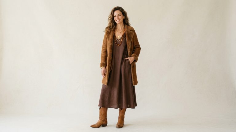 brown outfit ideas women toffee shearling coat chocolate midi dress tan western boots amber necklaces