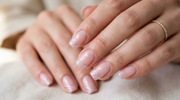 Sheer glossy soap nails in a soft milky pink with a glass-like shine
