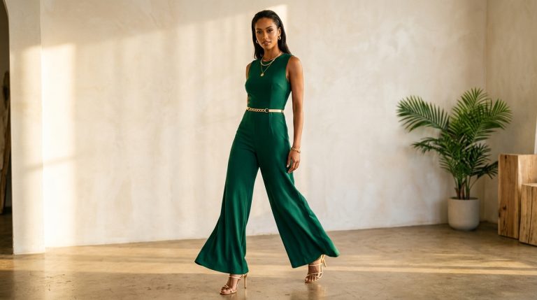 green jumpsuit styles women deep emerald wide-leg jumpsuit gold belt strappy heels gold necklaces