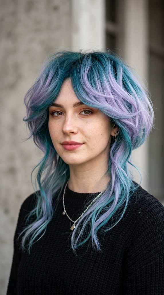Anime-inspired jellyfish haircut with vibrant two-tone color