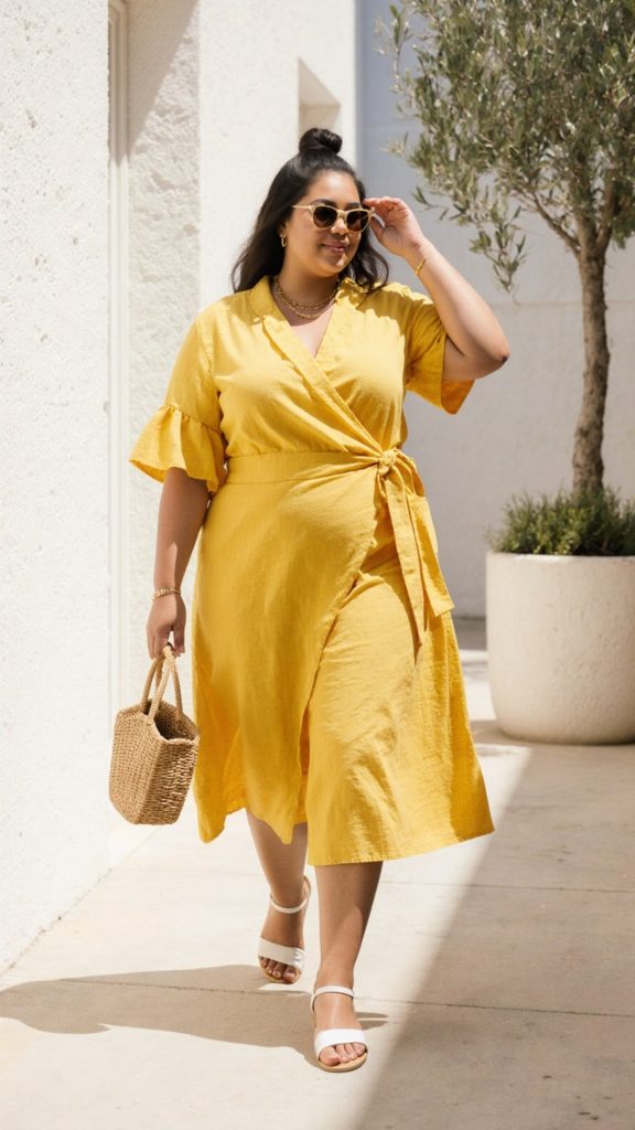 Mustard yellow wrap midi dress with flutter sleeves