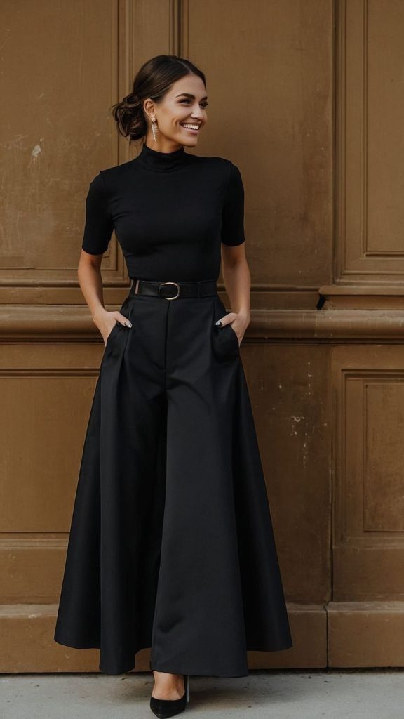 Black mock-neck top with high-waisted palazzo trousers