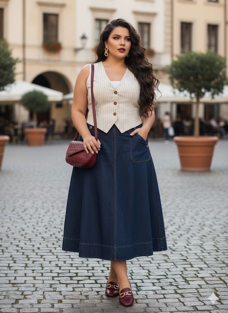 Cream pinstripe vest with a high-waisted denim midi skirt