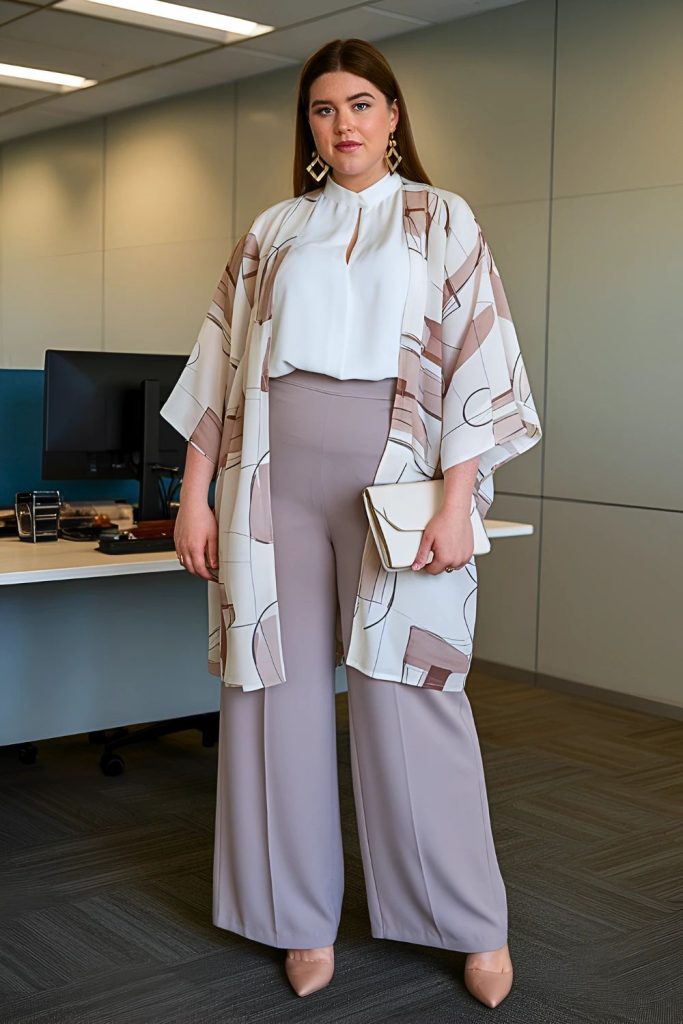 Printed chiffon kimono with a white blouse and wide-leg trousers