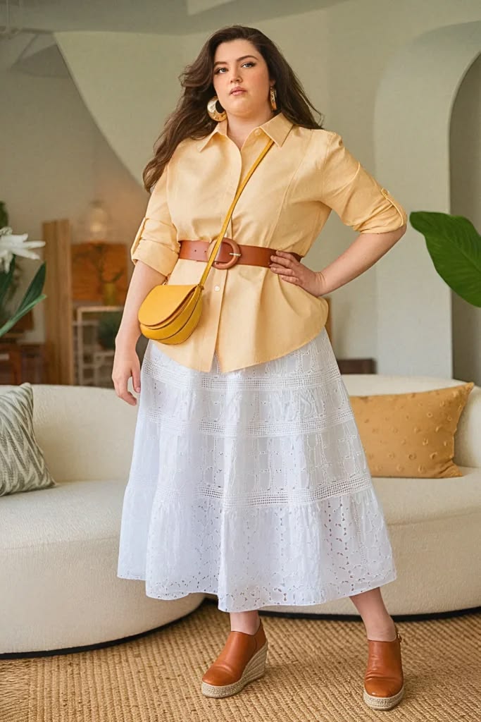 Yellow button-up shirt with a white eyelet tiered midi skirt