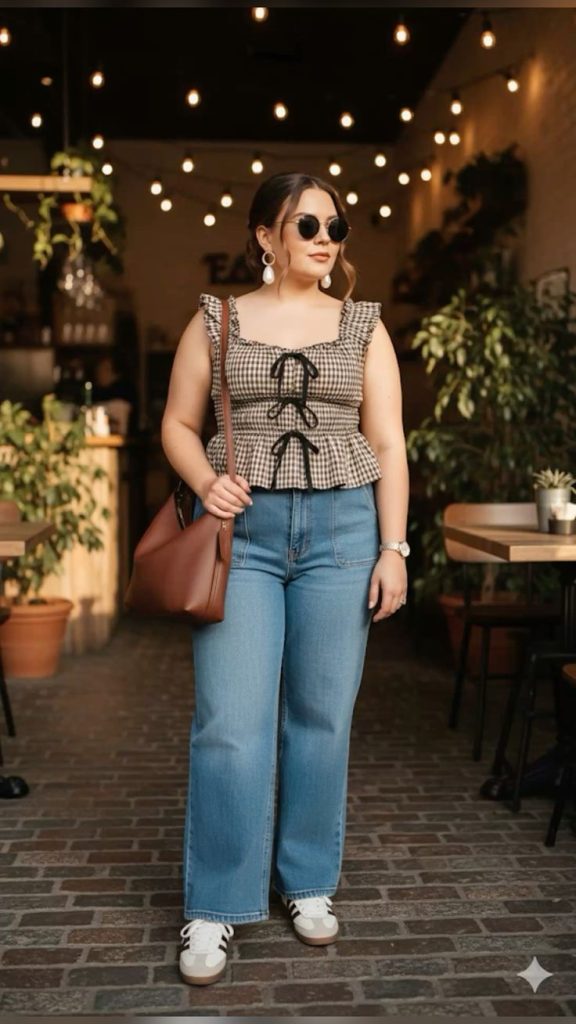 Gingham peplum top with high-waisted wide-leg jeans