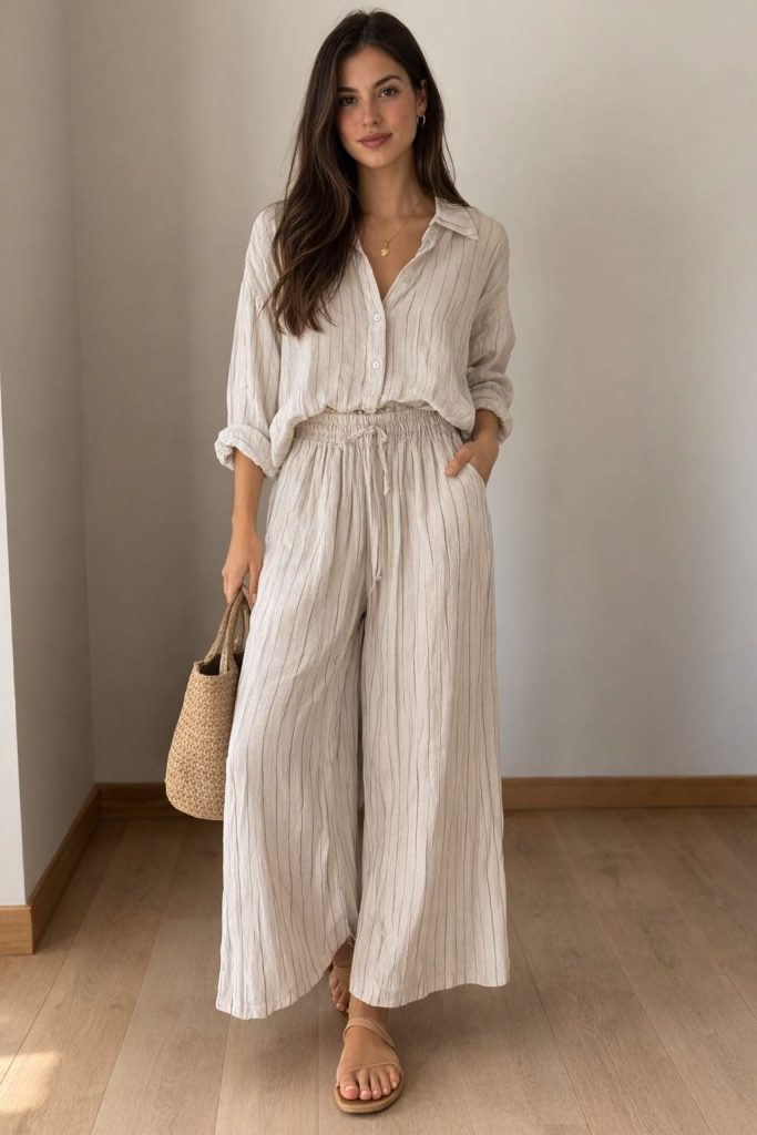 Beige pinstripe linen shirt and wide-leg trouser set