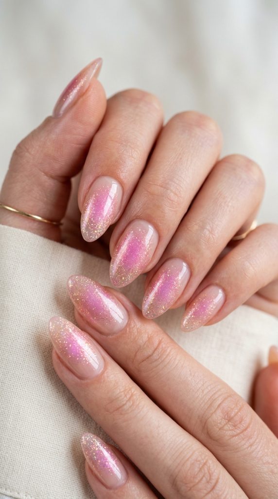Soft glitter pink aura nails with a glowing gradient on almond nails